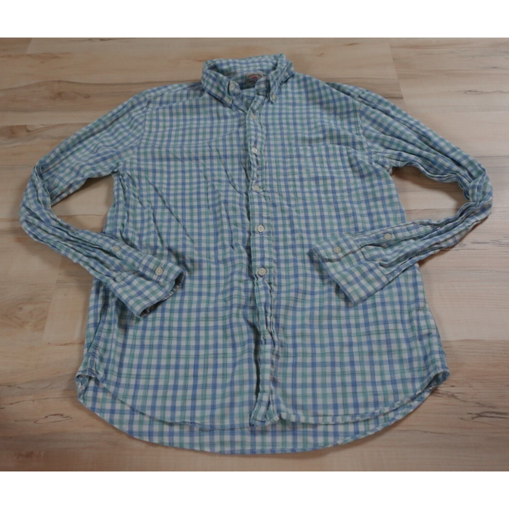 FAHERTY MEN L SHIRT BUTTON DOWN COTTON NEWPORT CHECK BLUE GINGHAM LONG SLEEVE
